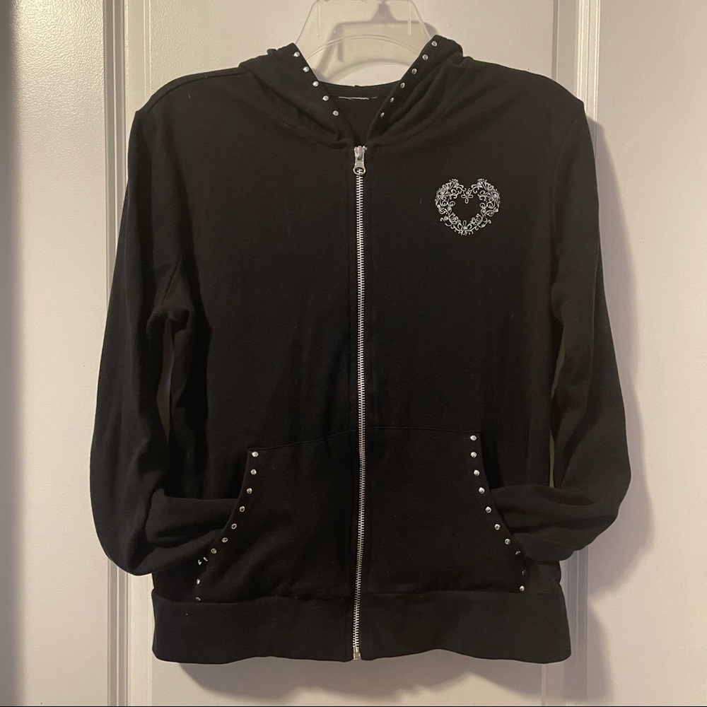 BLACK Studded Hoodie Zip Front Silver Studs Heart Hooded Jacket  S-M